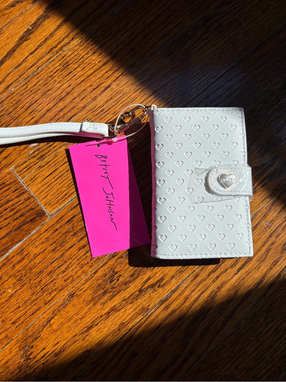 Betsey Johnson White Heart-Embossed Wristlet Phone Wallet